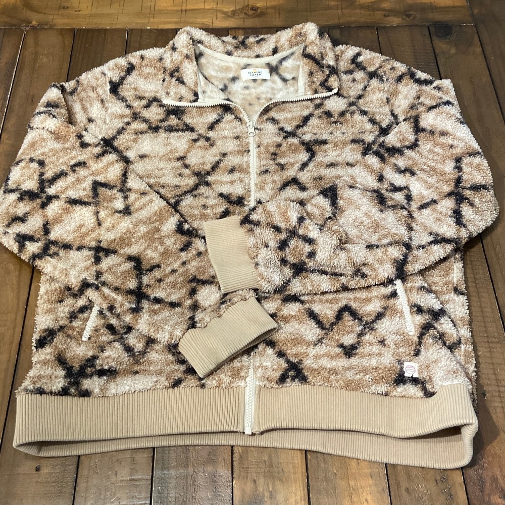 Marine Layer Mens Large Mason Sherpa Full Zip Jacket Tan Geometric Fleece 16179